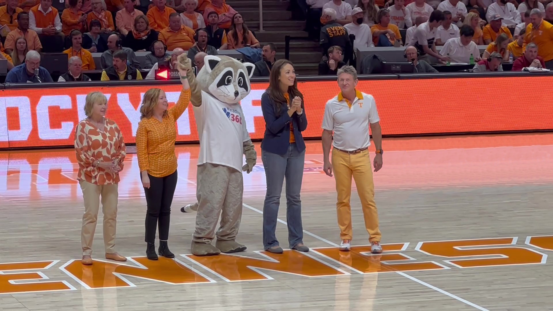 Image of Sherry Bell, UTK Director of Literacy Initiatives, 2020-21 TN Teacher of the Year Kami Lunsford, Riley the Reading Raccoon, TN Commissioner Penny Schwinn, and UT President Randy Boyd